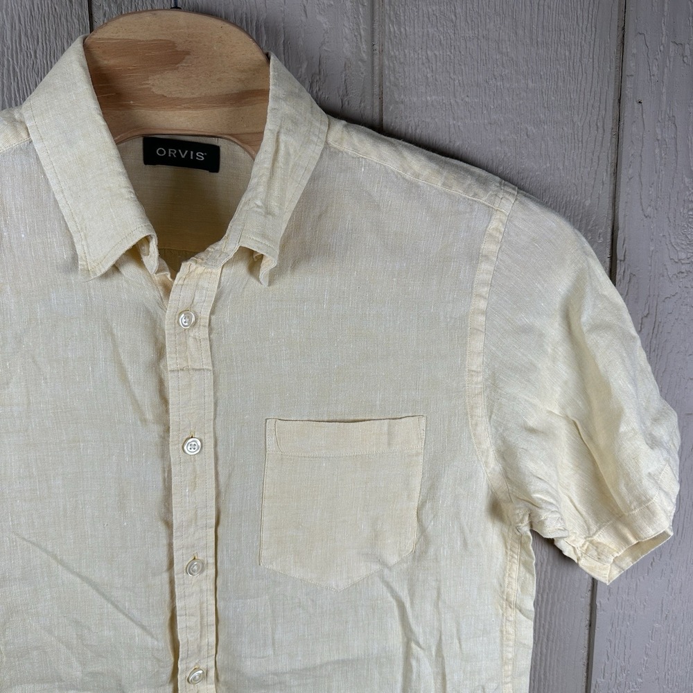 Orvis Short Sleeve 100% Linen Button Down Shirt Mens Sz Large Pale Yellow Resort